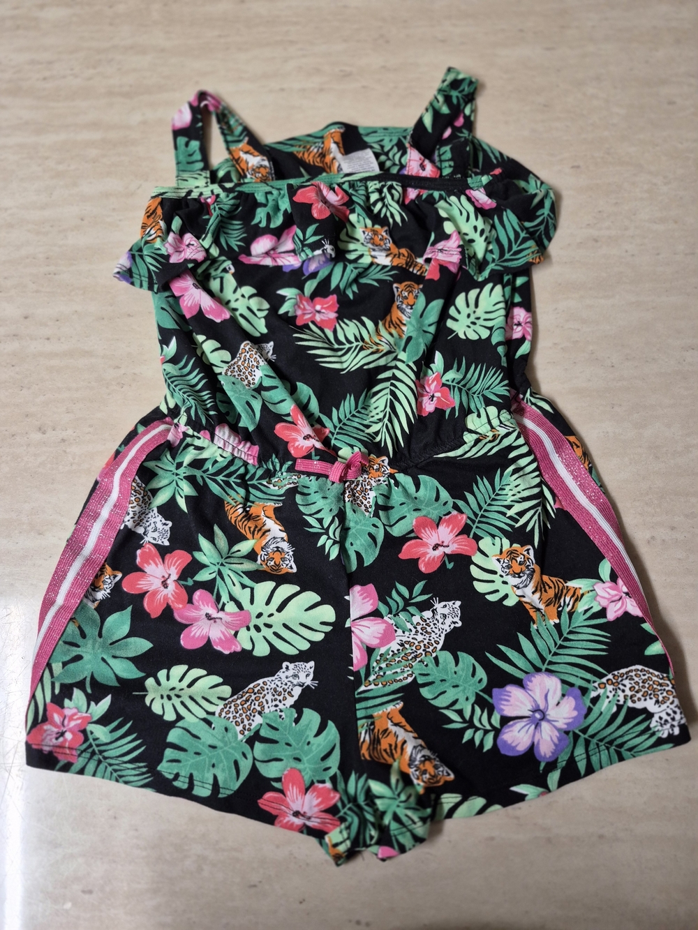 wonder nation Black Tropical Floral Romper with Pink & Green Accents
